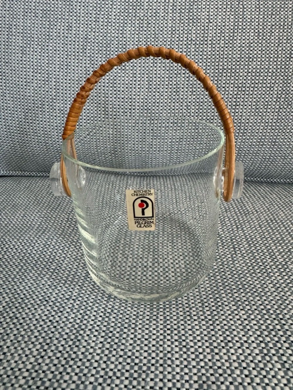 Small Vintage  Hand blown BOHO Ice Bucket With Rattan Handle 5.5”x 5”